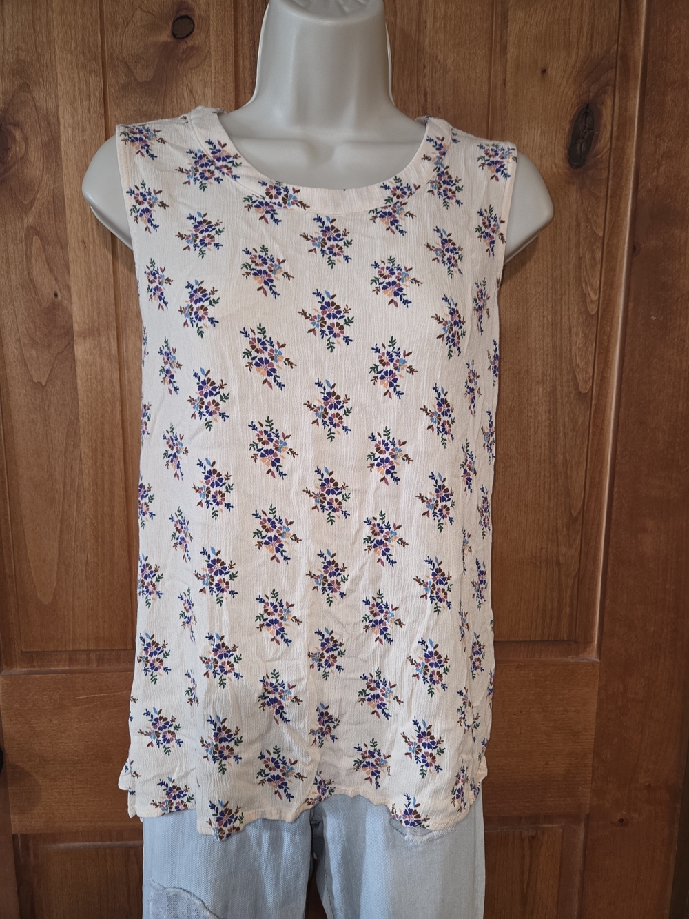 Sleeveless Cream Floral Tank Top with Blue & Pink Bouquet Print